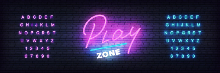 Play zone neon template. Glowing lettering for play club.