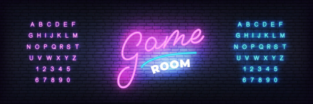 Game room neon template. Glowing lettering for gamer club.