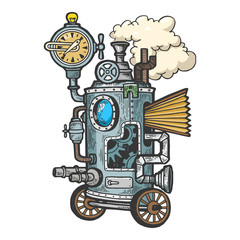 Fantastic steam punk machine color sketch engraving vector illustration. Scratch board style imitation. Black and white hand drawn image.