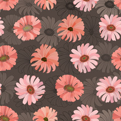 Seamless pattern with gerbera coral flowers on a dark background. Vector.
