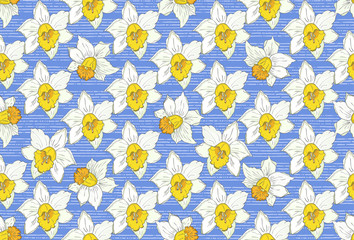 Seamless floral pattern of flowers Narcissus on a blue background.