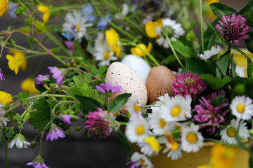 Ostereier, Blumenstrauß, Vogelei mit bunten Blumen aus dem Garten im Frühling