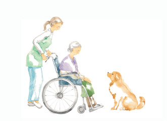 車椅子のおばあさん、介護と犬
