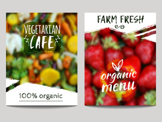 Vector brochure design template with blur background with vegetables, fruits and eco labels. Healthy fresh food, vegetarian, eco concept. Can be used for presentation, web, flyer, magazine, cover