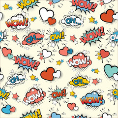 Nahtloses Vintage-Muster für Geschenkverpackung und Stoffdesign mit Pop-Art-Schildern und Comic-Blasen © JL-art