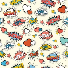 Nahtloses Vintage-Muster für Geschenkverpackung und Stoffdesign mit Pop-Art-Schildern und Comic-Blasen © JL-art