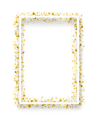 Vector decorative square frame with glitter tinsel of confetti. Glowing festive border with shiny sparkles and golden elements