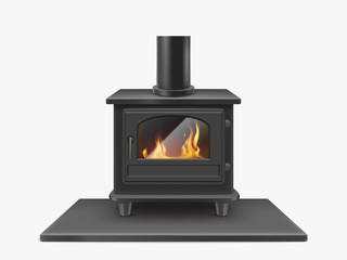 Wood burning stove, iron fireplace with fire inside isolated on white background, indoors traditional heating system in modern style. Household equipment. Realistic 3d vector illustration, clip art