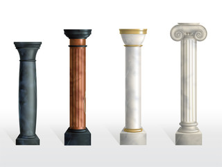 Antique columns set. Ancient stone or marble classic ornate pillars of different colors and textures isolated on white background. Roman or greece facade decoration. Realistic 3d vector illustration