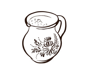 Clay mug of milk. Hand drawn design element.