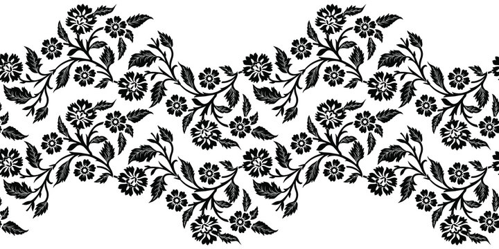 Seamless black and white vintage floral border