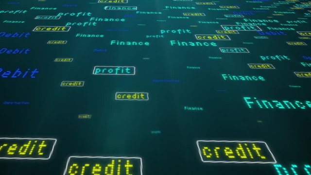 Digital text with business terms, current animation from bottom to top