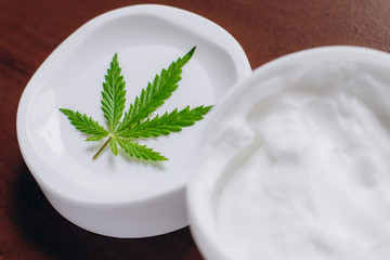 Macro close up of jar of cream from biological and ecological plants of hemp vegetable pharmaceutical oil CBD with green cannabis leaf with copy space