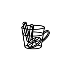 mulled wine line icon in glass with cinnamon and orange. Vector illustration of hot wine in a Cup with spices citrus.