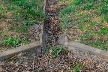 Old abandoned stock for rainwater littered with leaves.
