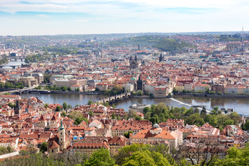 Fototapeta na wymiar Panorama of Vltava and Charles Bridge from above on sunny day. Prague. Czech
