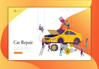 Naklejka premium Landing page template car service having their repaired, people paint car, change wheels, automobile repair shop, vehicle service concept. Vector flat style illustration