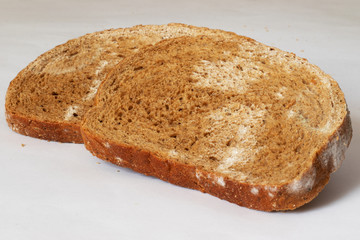 Sliced rye bread covered with mold.