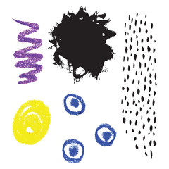 Vector set of hand drawn ink and wax crayons elements. Collection of terms for creative artistic design
