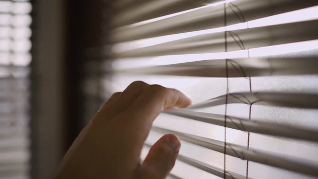 A hand reaches over window blinds and pull one open to look outside