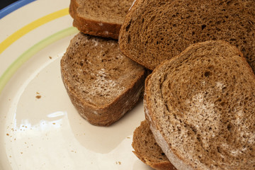 Sliced rye bread covered with mold.