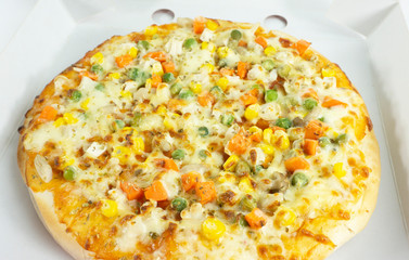 Pizza Cheese Corn mushroom, delivery in box isolated on white background, Top view copy space. Blank for design..