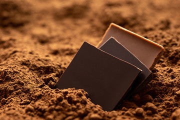Three squares of dark and milk chocolate sitting in cocoa powder.