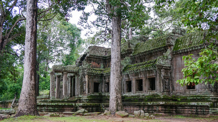 Ruined architectural heritage of Ta Phrom ancient temple complex with old scattered stones and rock. (Angkor Wat, UNESCO World Heritage Site, Siem Reap, Cambodia)