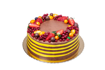 Delicious chocolate-fruit cake for any occasion, closeup