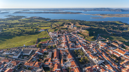 Aerial. View from above village and castle Mourao, district Evora. Portugal.