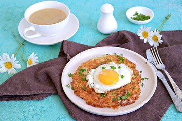 Roshty, fried potato pancake from boiled potatoes with egg on a white clay plate on a turquoise background. Swiss cuisine.