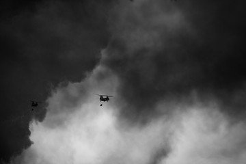 helicopter fighting wildfires in southern California black and white