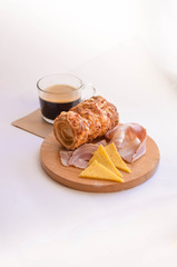 Traditional Czech pastries with bacon, cheese and coffee