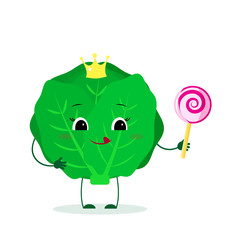 Kawai cute cabbage vegetable cartoon character in a crown with a lollipop. Logo, template, design. Vector illustration, flat style