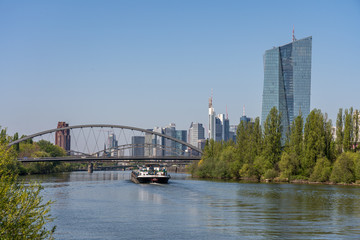 Fototapeta premium view on main river and frankfurt skyline from littoral, frankfurt, hesse, germany