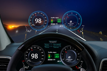 night car ride by car equipped with Head-up display.3d illustration.