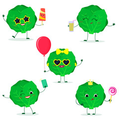 A set of five Kawaii cute cabbage vegetable in cartoon style. In glasses with ice cream, with a balloon, with a lollipop, with juice, with a selfie phone. Flat, Vector illustration