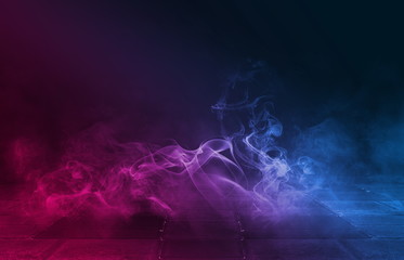 Empty background scene. Dark room, neon blue and pink figures in the dark, smoke. Abstract dark background.