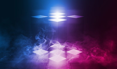 Background of an empty disco scene. Neon square figure in the center of the scene. Neon light smoke. Dark abstract futuristic background