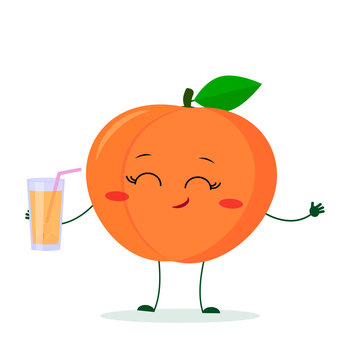 Kawaii cute peach fruit cartoon fruit character holding a glass with juice. Logo, template, design. Vector illustration, flat style