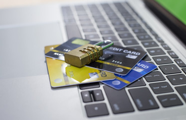 Credit cards with lock close up- online shopping