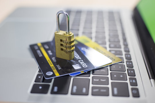 Credit cards with lock close up- online shopping