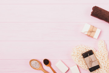 Flat lay bath background of soap