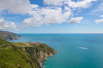 Manarola / Italy - April 28 2019: View of the city of Corniglia (Cinque Terre) from the nearby hiking trails.