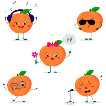 A set of five Kawaii cute peach fruit in a cartoon style. In headphones, in sunglasses, dancing in glasses , with a flower, singing into the microphone. Flat, Vector illustration