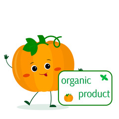 Kawaii cute pumpkin vegetable cartoon character holds a plate of organic foods. Logo, template, design. Vector illustration, a flat style