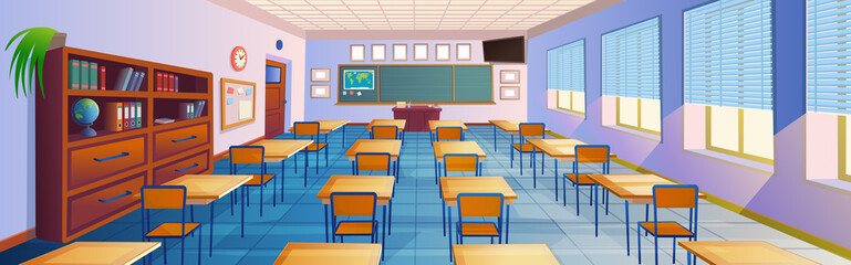 Cartoon classroom interior with view on blackboard, school desks with chairs, bookcase, door and window. Flat Vector Illustration.