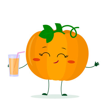 Kawaii cute pumpkin vegetable cartoon fruit character holding a glass with juice. Logo, template, design. Vector illustration, flat style