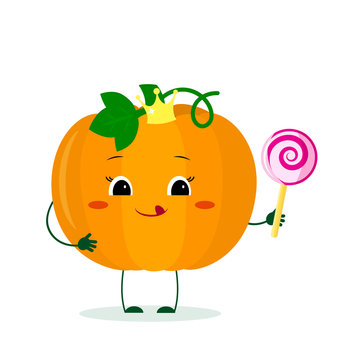 Kawai cute pumpkin vegetable cartoon character in a crown with a lollipop. Logo, template, design. Vector illustration, flat style