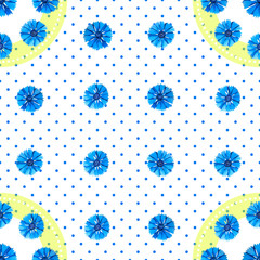 Materiał do szycia White seamless pattern with blue flowers. Watercolor cornflowers, polka dot background.